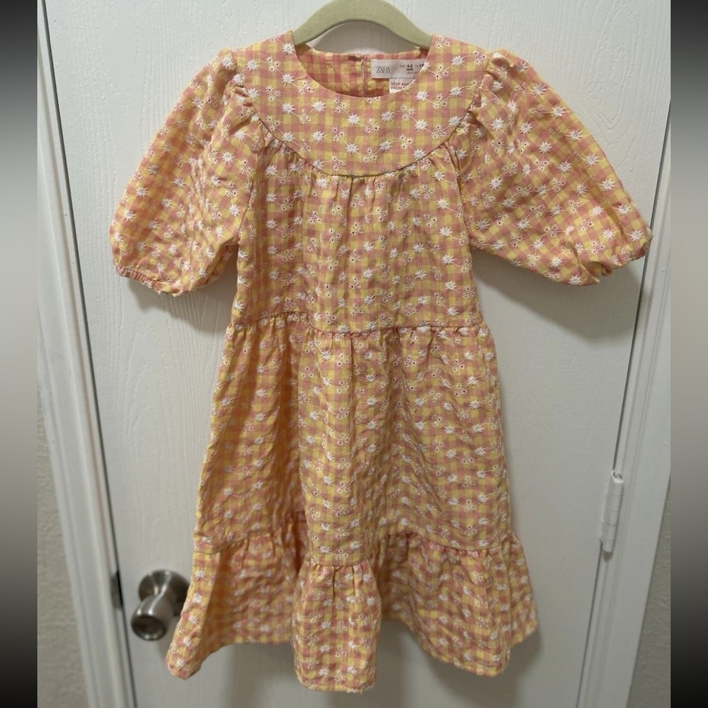 Zara Dress Girls Size 4-5yrs Yellow Pink Gingham Floral Embroidery Easter Spring